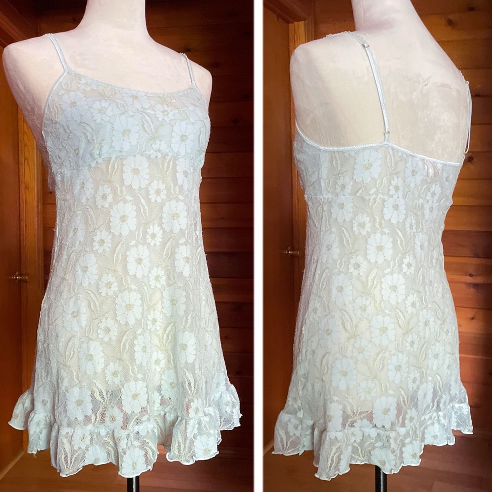 Victoria’s Secret Angels Baby Blue Gold Floral Mesh Mini Dress Sz Large - Picture 2 of 6